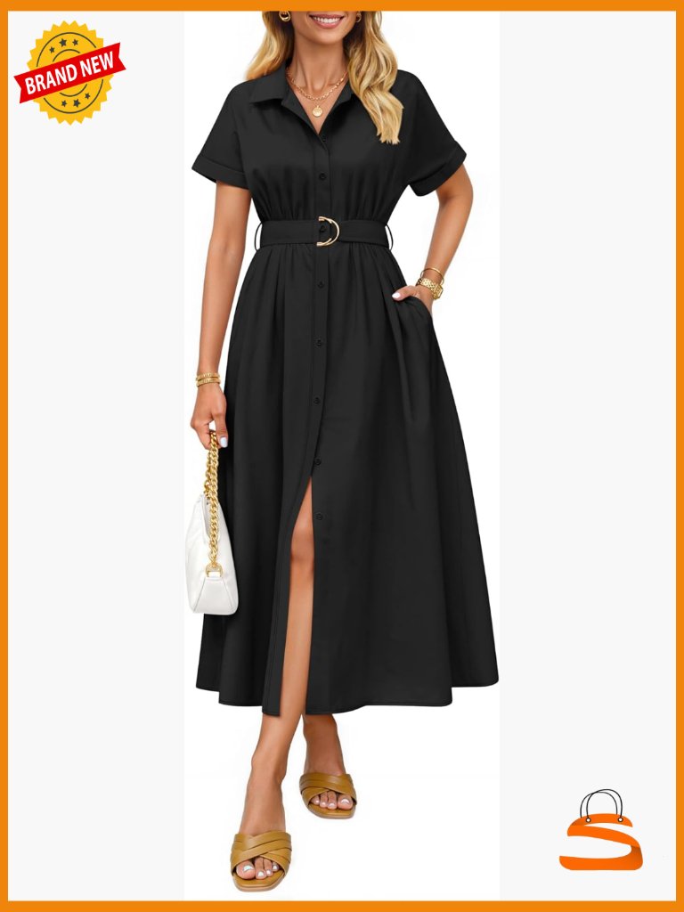 Short Sleeve Button Down Midi Dress A Line With Belt Pockets